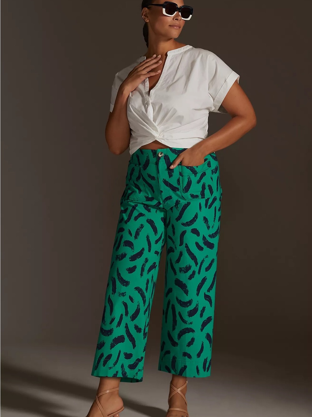 Maeve Anthropologie Colette Cropped Wide Leg Pants Size 31 Green Abstract
